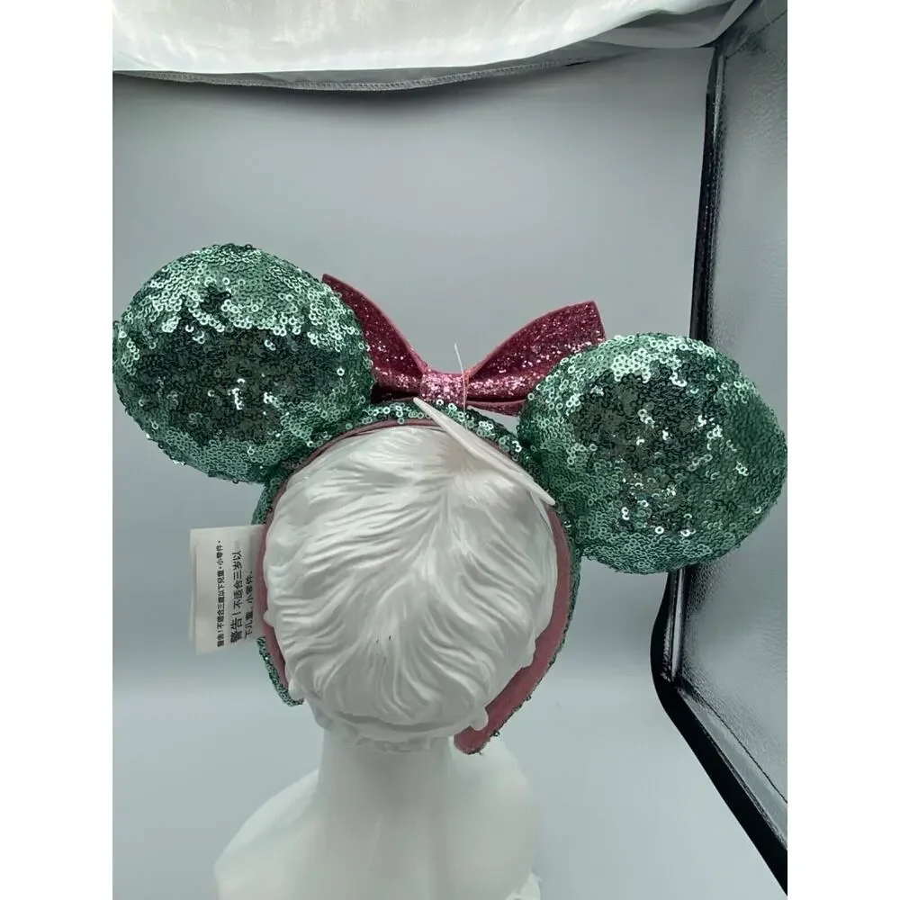 Genuine Disney Park Sequin Mint Green Ears Pink Bow Minnie Mickey Mouse Headband